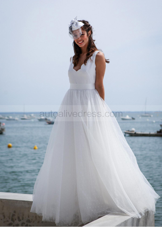 Ivory Cotton Polka Dot Tulle V Back Stunning Wedding Dress 